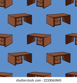Seamless pattern with office desk isometric view doodle vector