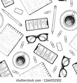 Seamless pattern. Office desk table top view sketch. Workspace with smartphone,  plant, pencil, pen, glasses. Hand drawn vector illustration. Business concept