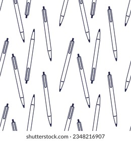 Patrón sin problemas con bolígrafo de oficina para la escuela. Elemento de línea del vector aislado en fondo blanco. Color azul oscuro.