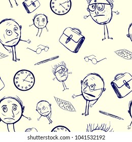 Seamless pattern of office plankton. Stupid teachers in the children's style. Scientists who do not know anything