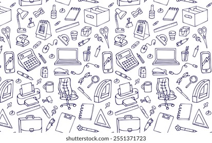 padrão contínuo de itens de escritório e escola, desenhado à mão em estilo de desenho animado em um fundo branco.