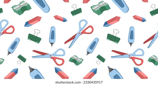 Seamless Pattern of office or school stationery isolated on white background. Scissors, eraser, sharpener, marker, clip. Perfect for office or school themes, wrapping paper, poster and banner, textile