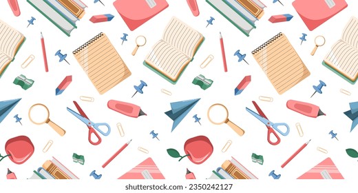 Seamless Pattern of office or school stationery isolated on white background. Scissors, eraser, sharpener, marker, clip. Perfect for office or school themes, wrapping paper, poster and banner, textile