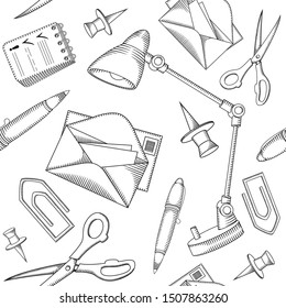 Seamless pattern with office stacionery in black outline