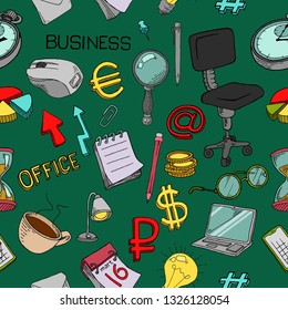 seamless pattern of office supplies. A collection of stationery in doodle style