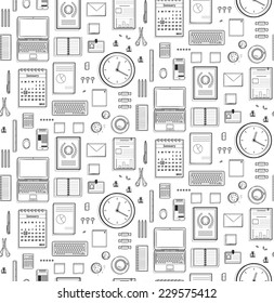 Seamless Pattern Office Supplies Flat Monochrome Black Lines. Business black and white objects background. Vector design.