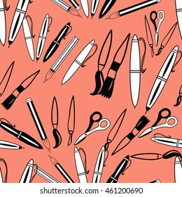 seamless pattern of office supplies for the school on a pink background vector illustration