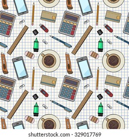 Seamless pattern, office supplies, stationary, vector illustration
