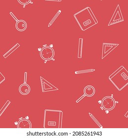 Seamless pattern with office supplies, subjects for school and college education on a red background. Elements with white lines, silhouettes of forms.
