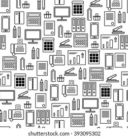 Seamless pattern with office supplies. Thin line business icons. Vector illustrations.