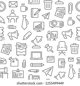 Seamless pattern with office tools. Black and white thin line icons