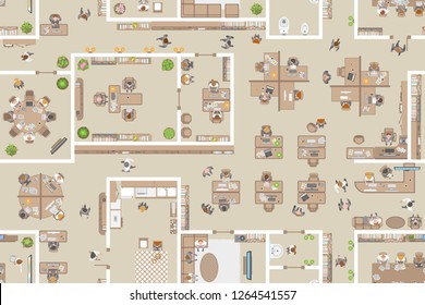 Seamless pattern. Office top view. People at work. Office room, meeting room, reception, office furniture, cabinets, desks, chairs, computers. (view from above) 