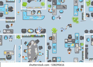 Seamless pattern. Office view from above. People at work.
Office room, meeting room, reception, office furniture, cabinets, desks, chairs, computers. (top view)