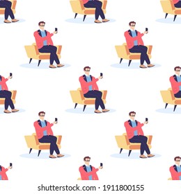 Seamless pattern with office workers. Young men sitting in a comfortable chairs and takes a selfie using smartphones gadgets. Modern guy with mobile phone. Flat Cartoon vector illustration isolated 