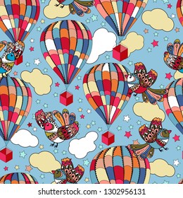 Seamless pattern ofr balloons, birds, stars and clouds.   in doodle style  For cloth or baby towel. texture for design