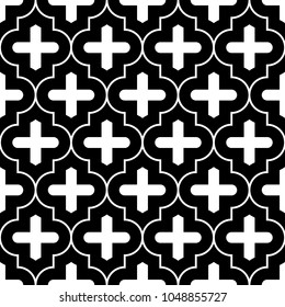 Seamless pattern with ogee ornament. Oriental traditional ornamentation with repeated tile shapes. Window tracery wallpaper. Grid motif. Digital paper for textile print, web design. Vector art image.