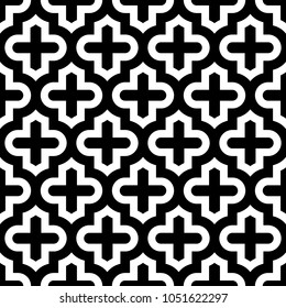 Seamless pattern with ogee ornament. Oriental traditional ornamentation with repeated tile shapes. Window tracery wallpaper. Grid motif. Digital paper for textile print, web design. Vector art image.