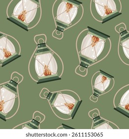 seamless pattern with an oil lamp icon for hiking or camping with a bright light inside and a long handle on a green background