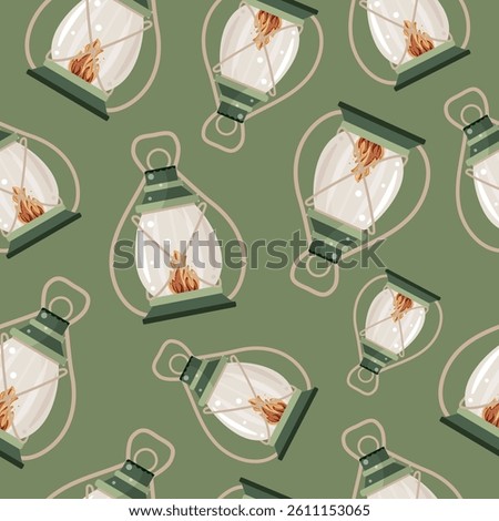 seamless pattern with an oil lamp icon for hiking or camping with a bright light inside and a long handle on a green background
