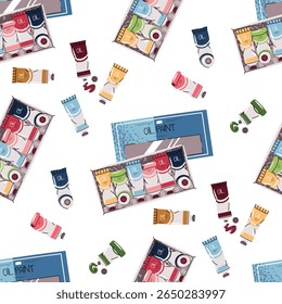 Seamless Pattern with Oil Paint Tubes and Wooden Box. Artist Supplies Design for Textile Printing, Wallpaper, Wrapping Paper and Stationery. Perfect for Fabric, Art Decor and Packaging Design
