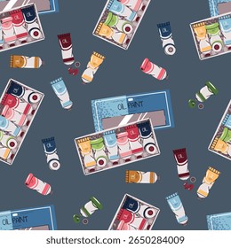 Seamless Pattern with Oil Paint Tubes and Wooden Box. Artist Supplies Design for Textile Printing, Wallpaper, Wrapping Paper and Stationery. Perfect for Fabric, Art Decor and Packaging Design