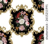 Seamless pattern with oil painting rococo still-lifes flowers and baroque elements. Vector