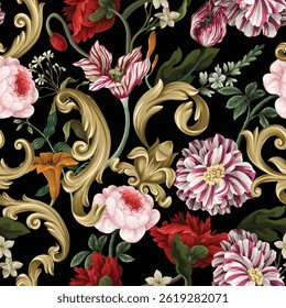 Seamless pattern with oil painting rococo still-lifes flowers and baroque elements. Vector