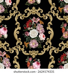 Seamless pattern with oil painting rococo still-lifes flowers and baroque elements. Vector