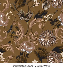 Seamless pattern with oil painting rococo still-lifes flowers and baroque elements. Vector