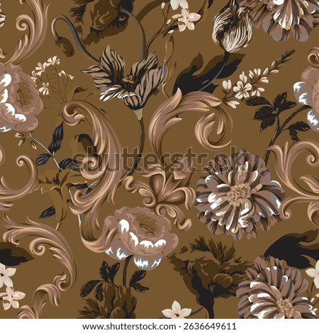 Seamless pattern with oil painting rococo still-lifes flowers and baroque elements. Vector
