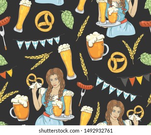 Seamless pattern for Oktoberfest. Pattern with beer, girls, sausages, pretzels, etc.