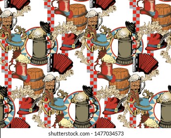 Seamless pattern of Oktoberfest beer party with different characters and objects related with beer festival. Engraved style. Vector illustration. 