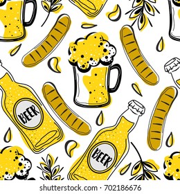 Seamless pattern Oktoberfest. Bottle, sausage, strap. Sketch.