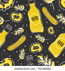 Seamless pattern Oktoberfest. Bottle, sausage, strap. Sketch.