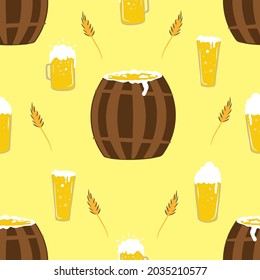 Seamless pattern for oktoberfest celebration, set beer mugs, beer barrel, oktoberfest celebration, wheat spikelets. Packaging paper, textiles, stickers, cartoon illustration, vector drawing