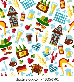 Seamless pattern with oktoberfest celebration symbols. Vector illustration. Flat design.
