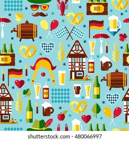 Seamless pattern with oktoberfest celebration symbols. Vector illustration. Flat design.