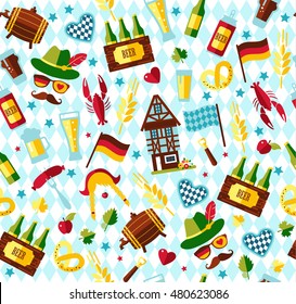 Seamless pattern with oktoberfest celebration symbols on blue rhombus. Vector illustration. Flat design.