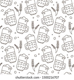 Seamless pattern with Oktoberfest food, beer mug and wheat ears. October beer festival in the Munich, Germany. Vector illustration. Design element for fabric, wallpaper, banner or wrapping paper.