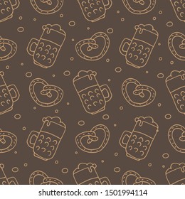 Seamless pattern with Oktoberfest food, beer mugs and bavarian pretzels. October beer festival in the Munich, Germany. Vector illustration. Doodle style.