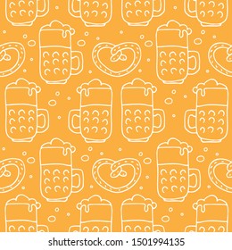 Seamless pattern with Oktoberfest food, beer mugs and pretzel. October beer festival in the Munich, Germany. Vector illustration. Doodle style.