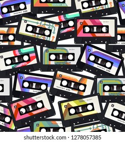 Seamless pattern with old audio cassettes colorful background