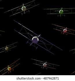 Seamless pattern with old biplanes. Vector illustration