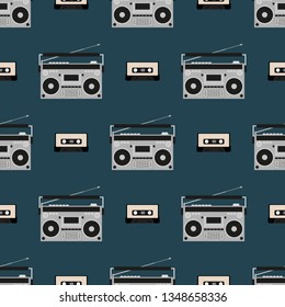 Seamless pattern with old boomboxes and tape cassettes. Stylish vintage music print. Retro vector illustration.