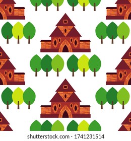 Patrón sin foco. Vieja casa de ladrillo con ventanas y una puerta en el cimiento está aislada en un fondo blanco. Rojo y marrón. Ilustración vectorial para diseño web o impresión.