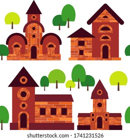 Seamless pattern. Old brick house with windows and a door on the foundation is isolated on a white background. Red and brown. Vector illustration for web design or print.