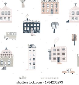 Seamless pattern with old buildings and cars. Good for kids fabric, textile, nursery wallpaper. Seamless city landscape. Childish pattern.