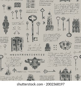 Seamless pattern with old buildings, vintage keys and keyholes in grunge style. Hand-drawn vector background with handwritten text lorem ipsum and sketches on a grey. Wallpaper, wrapping paper, fabric