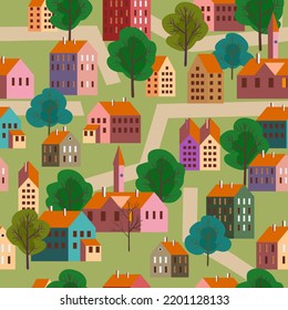 Seamless pattern old city, minimal flat style. Autumn landscape city architecture