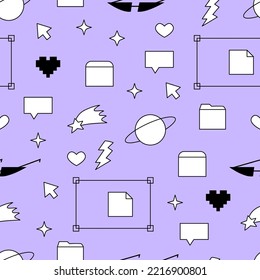 Seamless pattern with old computer elements, stars, bubble, folder icons, saturn planet, sunglasses, pixel heart and computer arrow symbol. Vector background in retrowave, y2k, 90s, 00s concept.